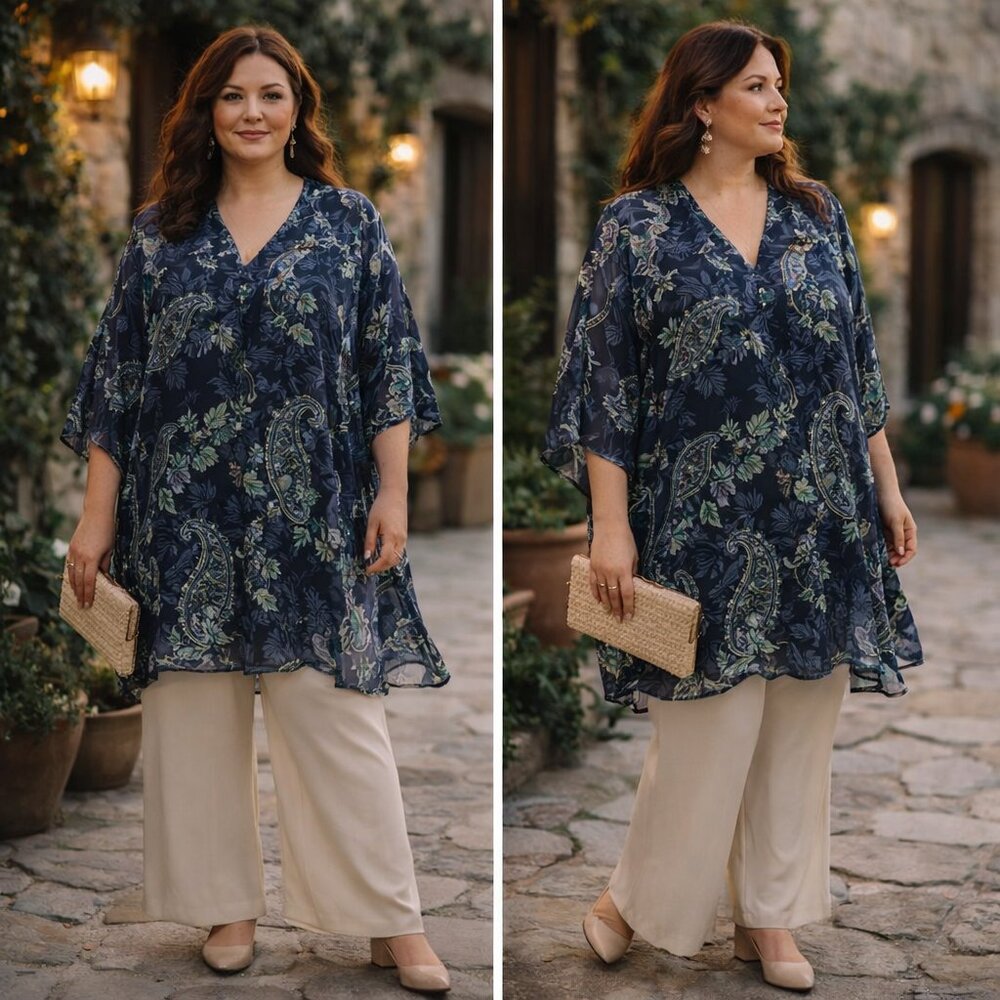 ✨ Elizabeth Williams Navy Paisley Tunic Dress Cover-up– Flowing Elegant 2X
